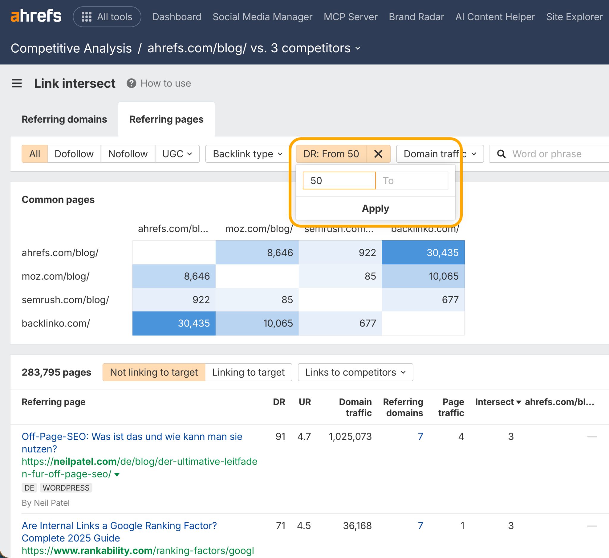 Ahrefs link intersect tool showing filter for Domain Rating 50+ and comparison table of backlinks between ahrefs.com/blog/ and competitors