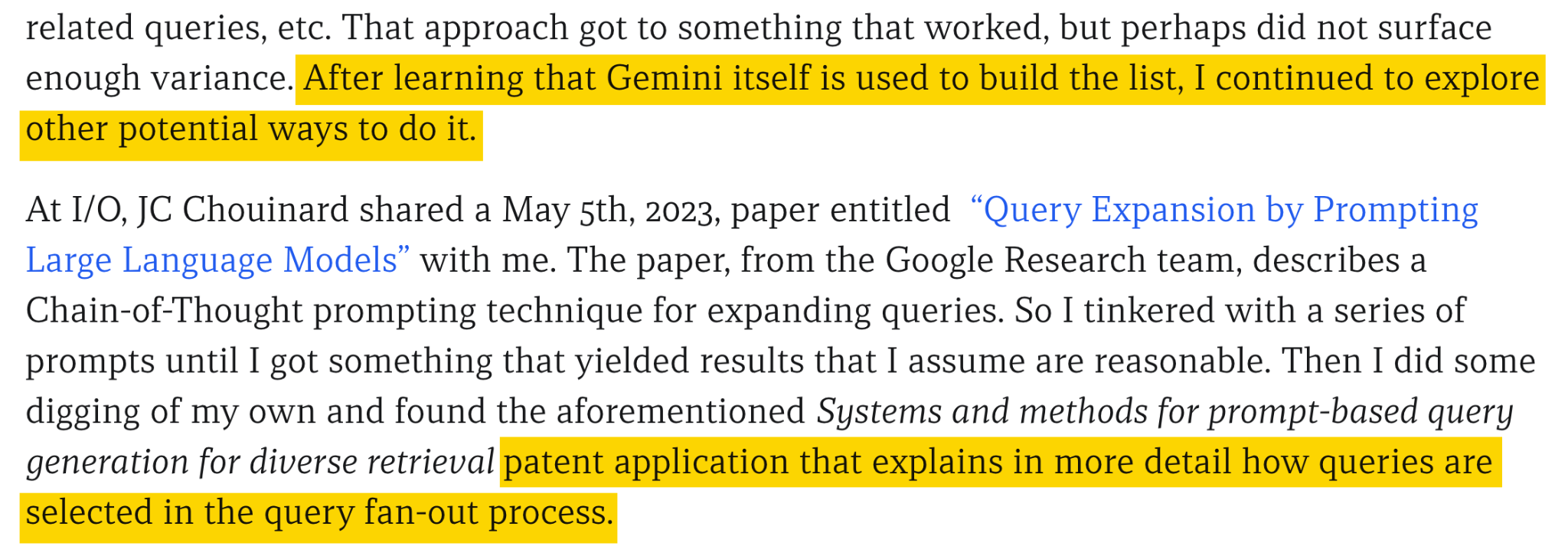 Text excerpt with two highlighted sentences in yellow discussing Gemini's query expansion and a patent application about query selection processes.